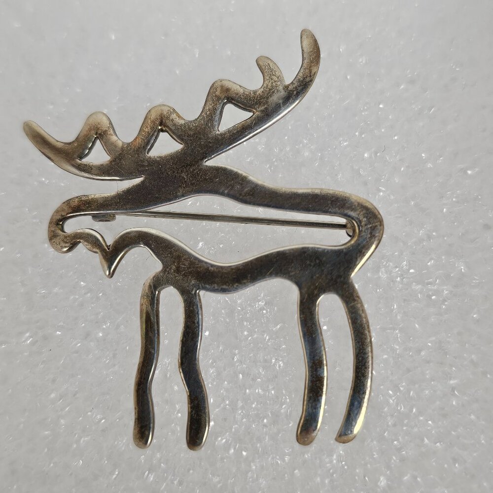 Vtg Moose Elk Reindeer Silver Plated Brooch Pin Openwork Modernist MCM‎ Figural